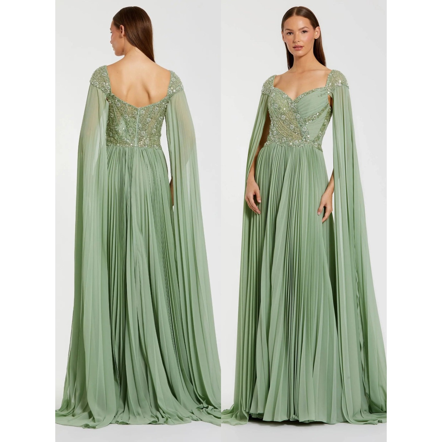 New Mac Duggal Green Embellished Chiffon Cape Sleeve A Line Gown $898 Size 12
